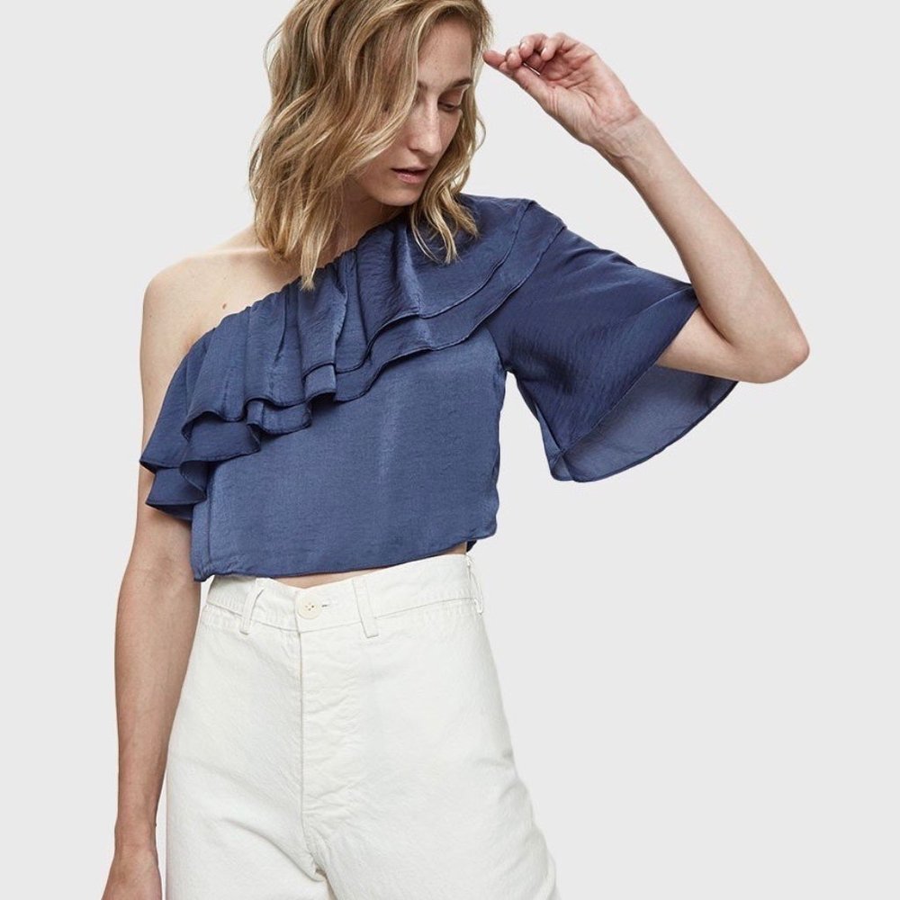 NWOT Farrow One Shoulder Ruffle Top in Blue